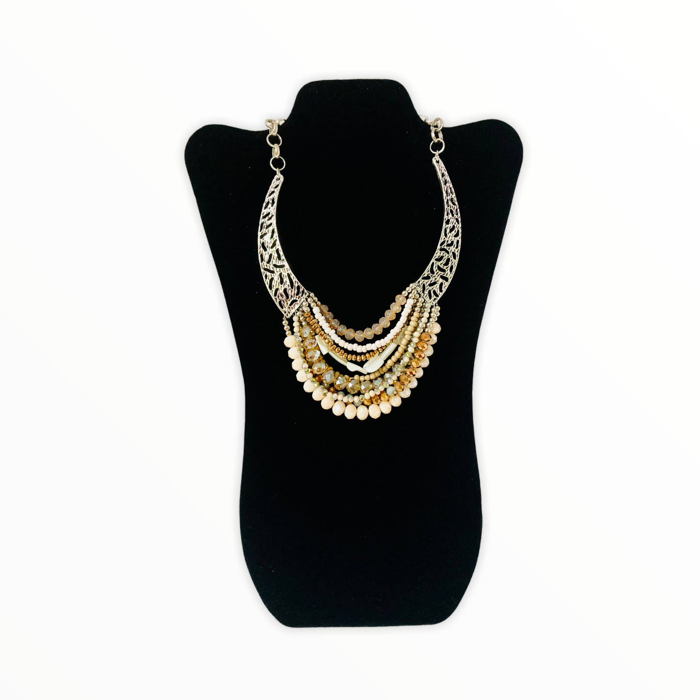 Multi Layer Neutral Beaded Necklace with Silver Embellished Neck Line